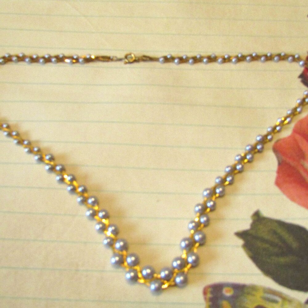 Gray Faux Pearl Twisted Braided Boho Goldtone Vintage Necklace